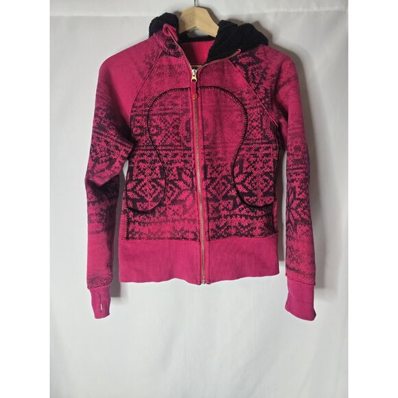 Lululemon Scuba Jacket Special Edition Pink Snowflake Fluffy Hood Full Zip Sz 4 - Picture 9 of 15